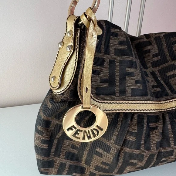 Fendi Chef Brown and Black Zucca Logo Shoulder Bag with Gold Charm